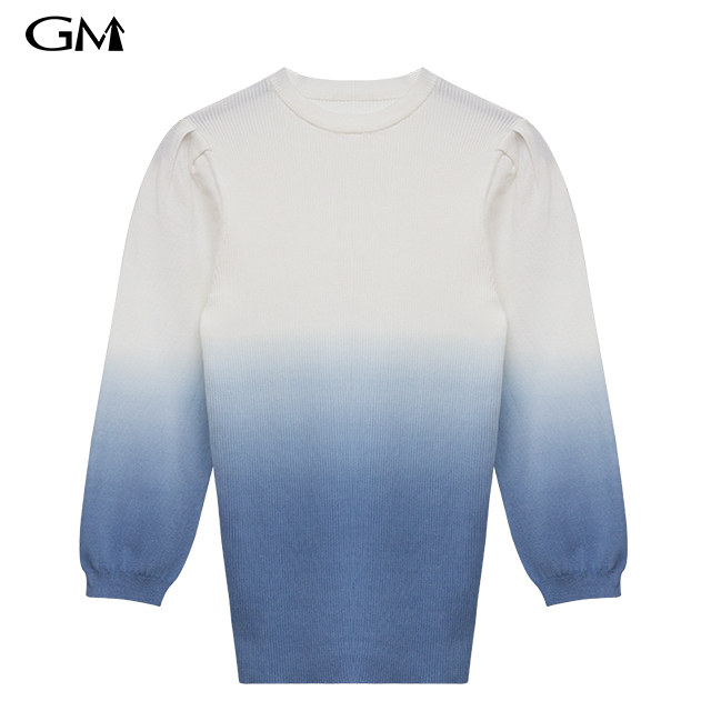 Fashion round neck blue white gradient knit top