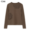 Fashion round neck hollowed out decal solid color top