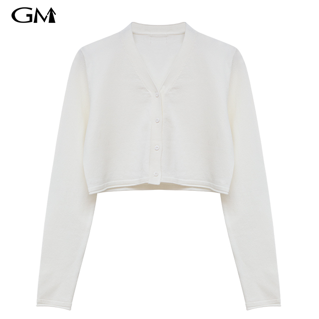 Fashionable white V-neck short knit cardigan jacket