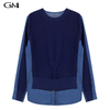 Autumn and Winter Fashion Denim Splice Fake Two Piece Knitted Top