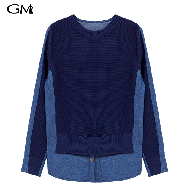 Autumn and Winter Fashion Denim Splice Fake Two Piece Knitted Top