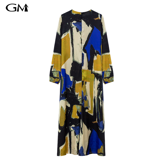 New niche printed round neck long sleeved loose fitting dress