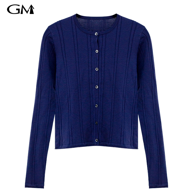 Fashion blue striped round neck knitted cardigan