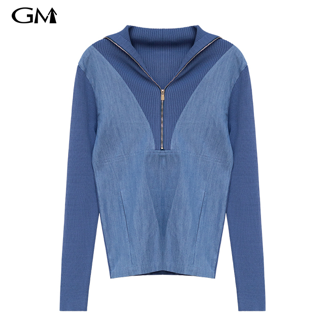 Autumn New Contrast Polo Zip Knit Top