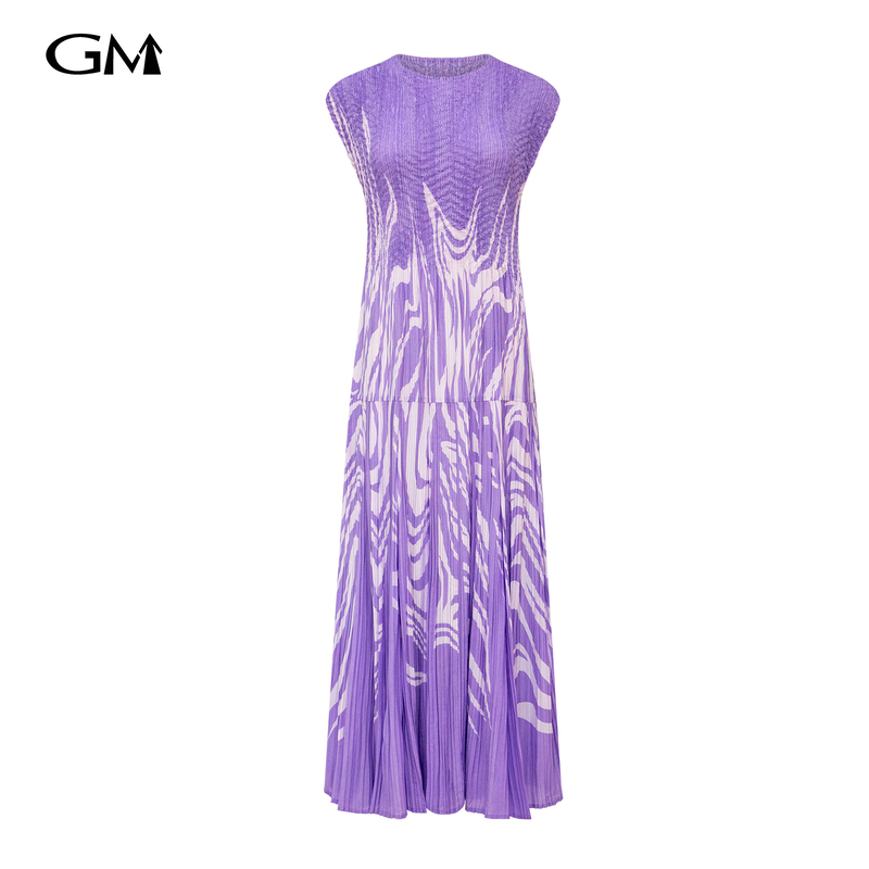 Fashionable round neck abstract printed purple dress