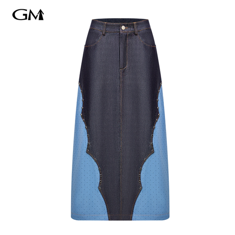 New color blocked denim skirt