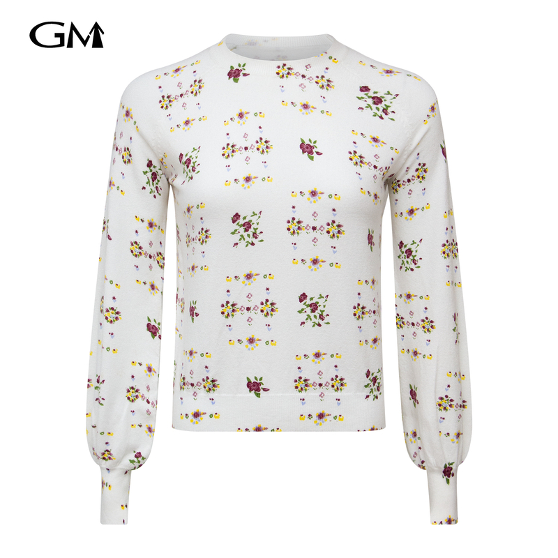 Fashionable floral print round neck knitted top