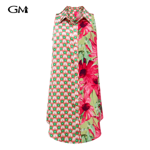 Fashion geometric pattern spliced flower print sleeveless shirt