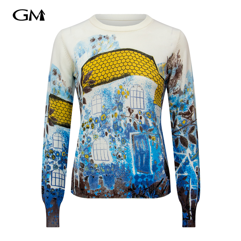 New round neck illustration printed knitted top