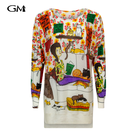 Winter New Round Neck Illustration Printed Knitted Top