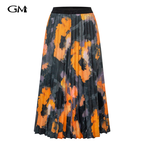 Fashionable tie dye patchwork printed high waisted pleated skirt