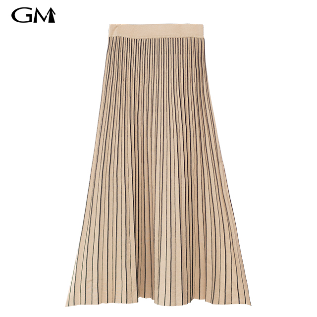 color block Stripe Knit Pleated midi length Skirt