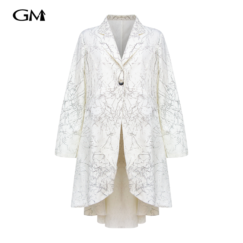 Fashionable irregular embossed V-neck mid length jacket in white