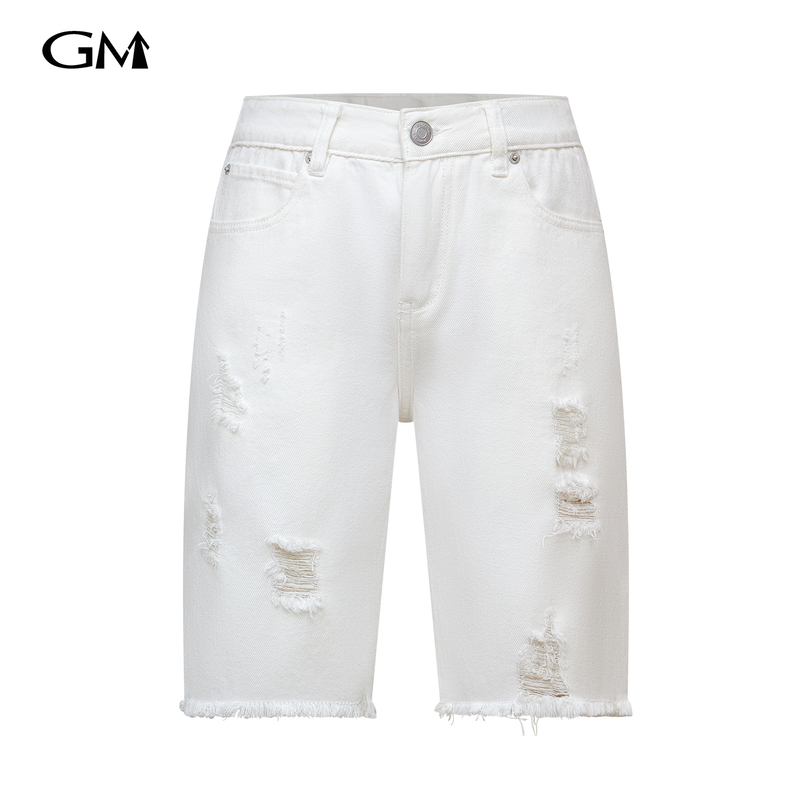 Summer ripped straight leg five quarter jeans