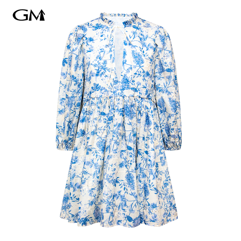 Fashionable standing neck deep V-print dress