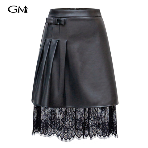 Fashionable and versatile solid color side pleated patchwork lace skirt