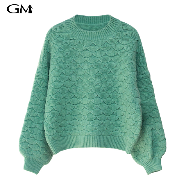 Lantern sleeve fish scale loose knit top green