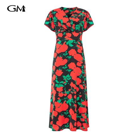 New red printed V-neck slim fit dress