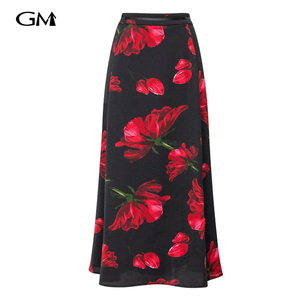 Fashionable red printed midi skirt