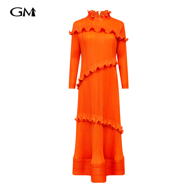 New stand up collar solid color long sleeved dress