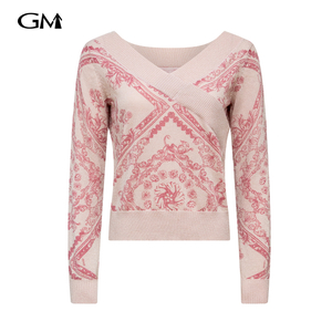 New V-neck exquisite printed knitted top