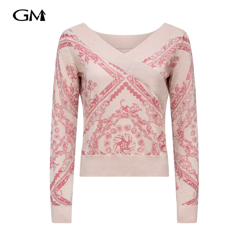 New V-neck exquisite printed knitted top