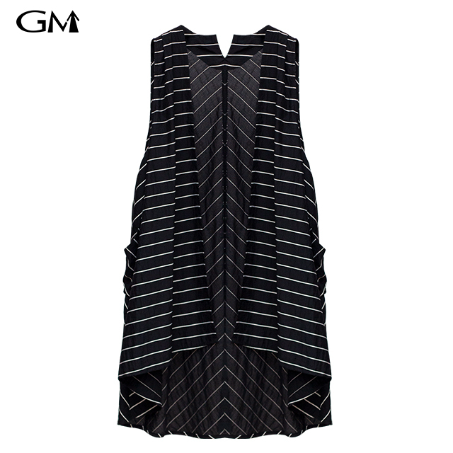 Summer striped medium length sleeveless coat