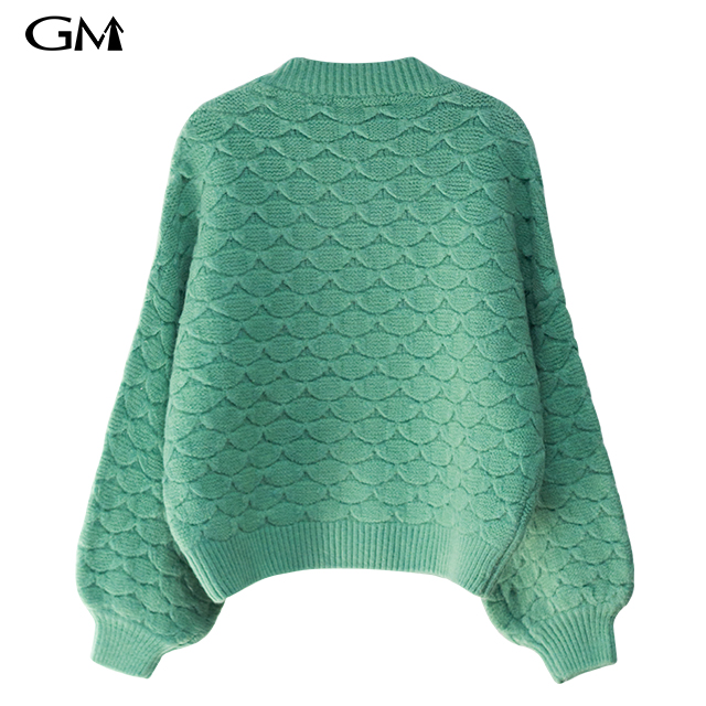 Lantern sleeve fish scale loose knit top green