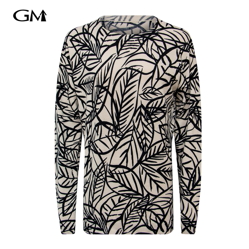 New leaf printed round neck knitted top