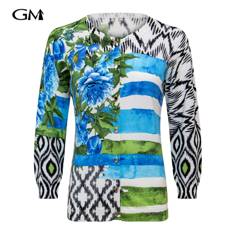 Round neck abstract printed knitted cardigan