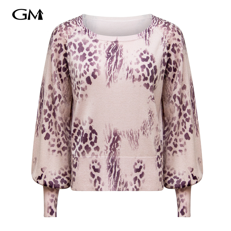 Fashionable round neck leopard print knitted pullover top