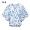 Fashionable new blue printed V-neck pullover top