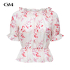 Fashionable one line neckline hollowed out printed pullover top