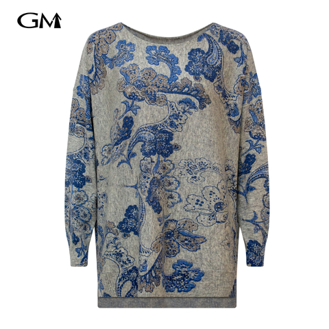 New round neck printed knit top grey