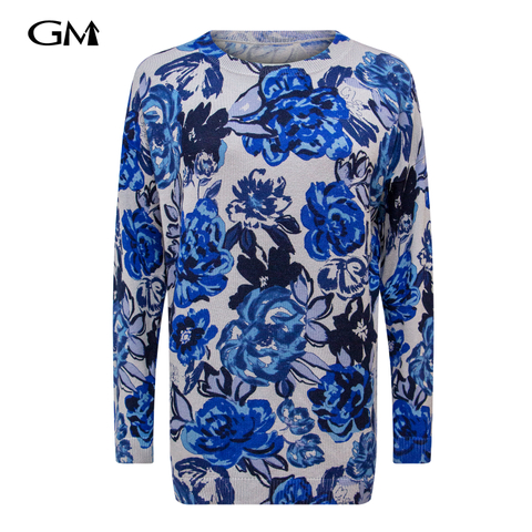 New Blue Flower Printed Knitted Top