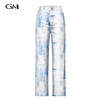 Fashionable blue abstract printed straight leg jeans