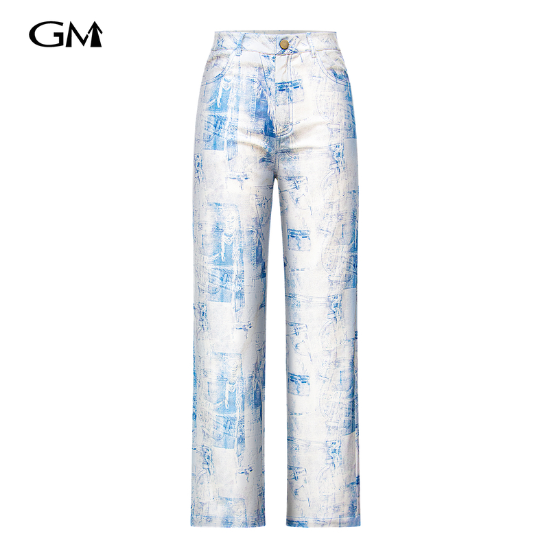 Fashionable blue abstract printed straight leg jeans