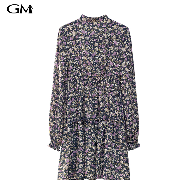 Summer New V-Neck Lace Up Waist Long Sleeve Floral Dress