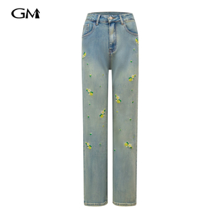 New Small Yellow Flower Embroidered Cowboy Pants