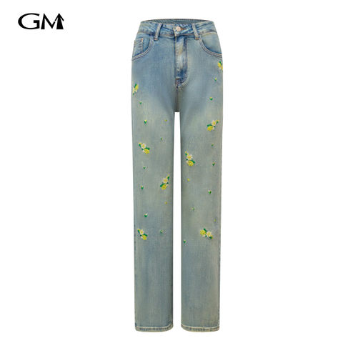 New Small Yellow Flower Embroidered Cowboy Pants