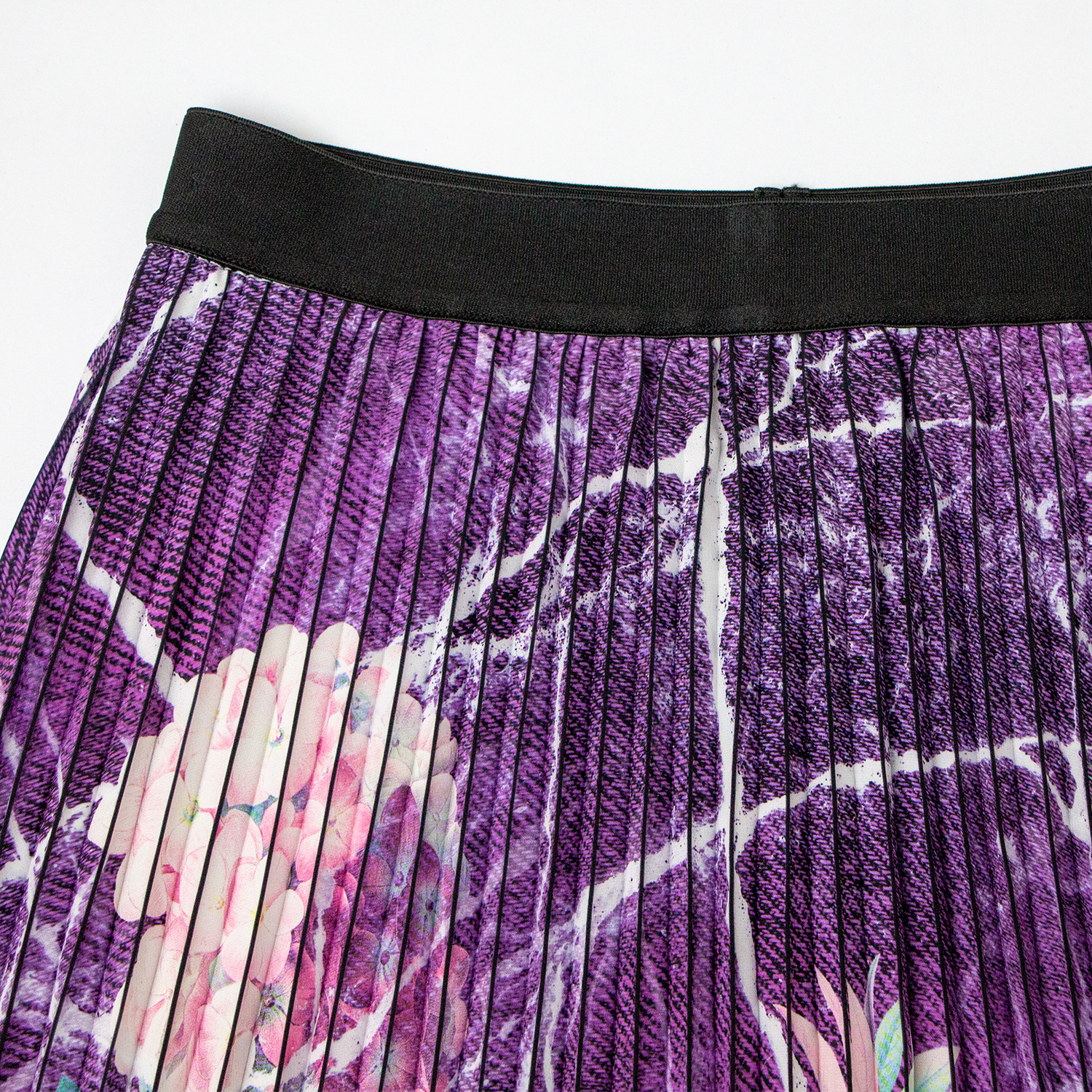 Fashionable purple printed pleated crepe long skirt