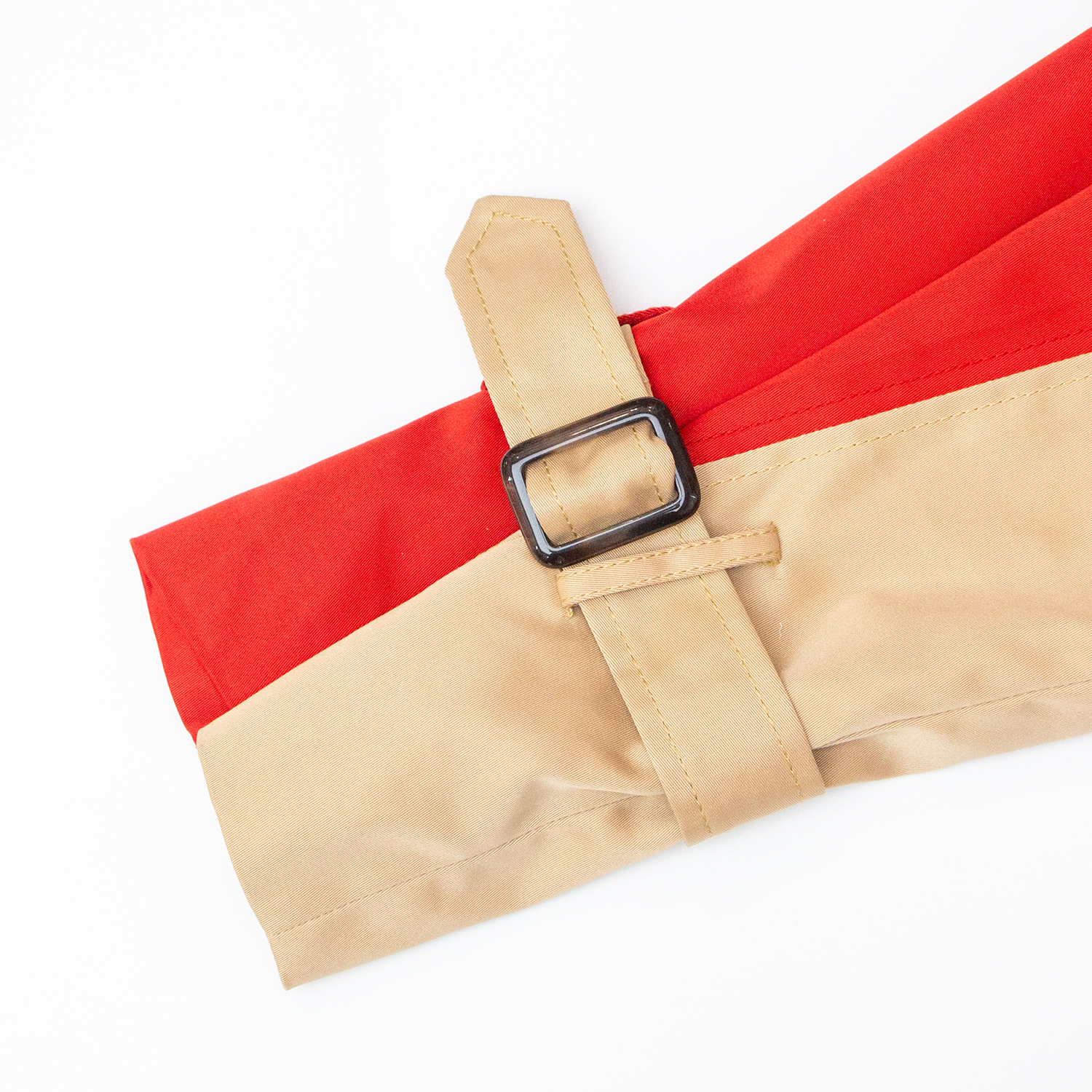 New khaki patchwork red V-neck mid length windbreaker jacket