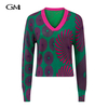 Fashionable V-neck abstract printed knitted pullover top