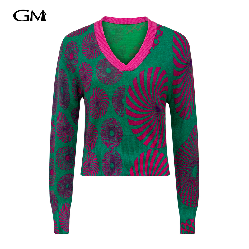 Fashionable V-neck abstract printed knitted pullover top