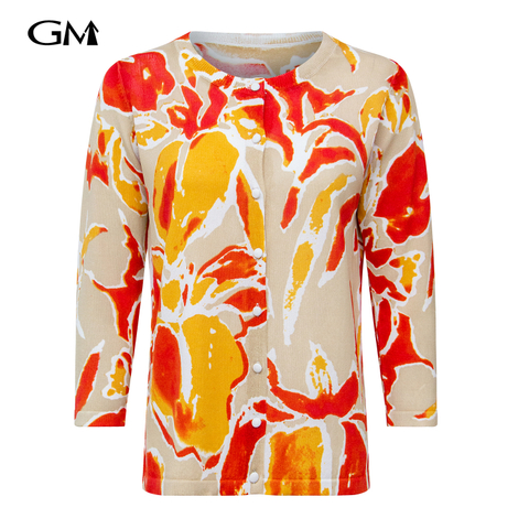 Fashionable printed round neck knitted cardigan