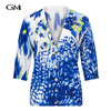 Fashionable blue printed V-neck knitted cardigan