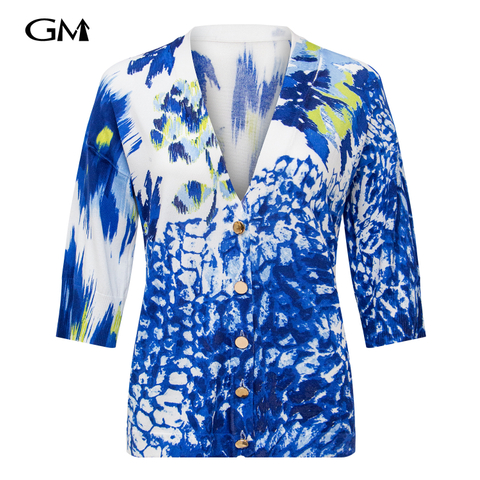 Fashionable blue printed V-neck knitted cardigan