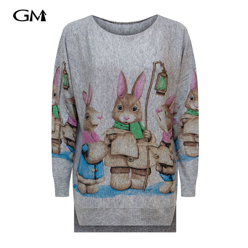 Fashionable round neck rabbit print gray knitted top