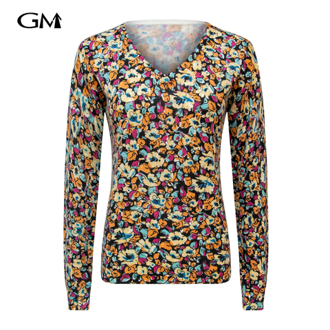 New V-neck small floral printed knitted top