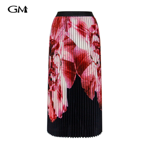 Fashionable and elegant red printed high waisted pleated skirt